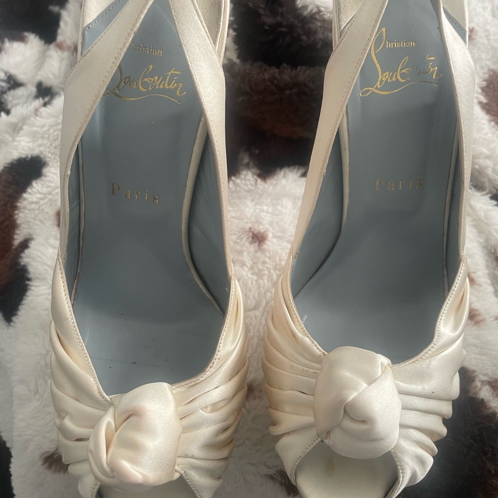 Christian Louboutin Ivory Satin Peep-Toe Heels